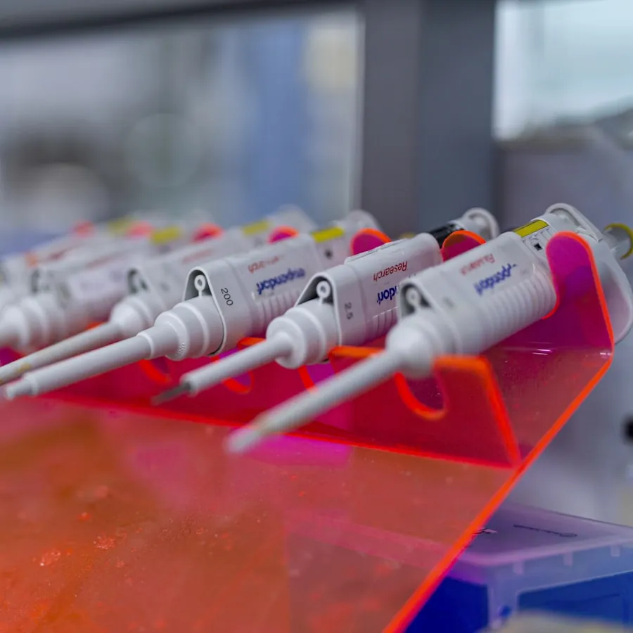 Micropipettes above a microplate